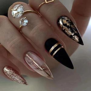 imageBABALAL Almond Press on Nails Medium Fake Nails White French Glue on Nails Black Star Rhinestones Acrylic Nails 24Pcs Stiletto False Nails for Women and GirlsFNf408