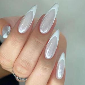 imageBABALAL Almond Press on Nails Medium Fake Nails White French Glue on Nails Black Star Rhinestones Acrylic Nails 24Pcs Stiletto False Nails for Women and GirlsFNf416