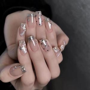 imageBABALAL Almond Press on Nails Medium Fake Nails White French Glue on Nails Black Star Rhinestones Acrylic Nails 24Pcs Stiletto False Nails for Women and GirlsFNf410