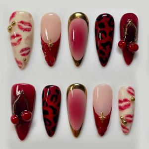 imageBABALAL Almond Press on Nails Medium Fake Nails White French Glue on Nails Black Star Rhinestones Acrylic Nails 24Pcs Stiletto False Nails for Women and GirlsFNf402cherry