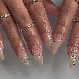 imageBABALAL Almond Press on Nails Medium Fake Nails White French Glue on Nails Black Star Rhinestones Acrylic Nails 24Pcs Stiletto False Nails for Women and GirlsFNf402