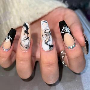 imageBABALAL Coffin Press on Nails Medium Fake Nails Glossy Glue on Nails 24pcs Ballerina Acrylic Nails Glitter Full Cover False NailsNAILN13