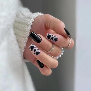 imageBABALAL Heart Press on Nails Medium Square Fake Nails Black White Glue on Nails Romantic Valentine Day Acrylic Nails 24Pcs Cute False Nails Manicure Stick on Nails Squoval Glossy Artificial NailsANTA115