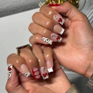 imageBABALAL Heart Press on Nails Medium Square Fake Nails Black White Glue on Nails Romantic Valentine Day Acrylic Nails 24Pcs Cute False Nails Manicure Stick on Nails Squoval Glossy Artificial NailsANTA113