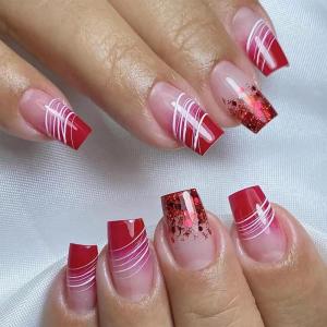 imageBABALAL Heart Press on Nails Medium Square Fake Nails Red Glue on Nails Acrylic Nails Romantic False Nails 24Pcs Squoval Manicure Stick on Nails Gel Nails for Women and GirlANU101