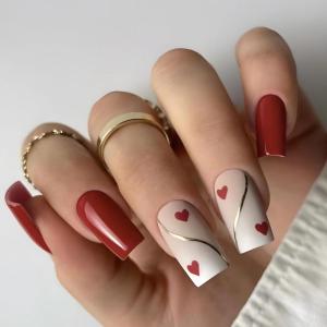 imageBABALAL Heart Press on Nails Medium Square Fake Nails Red Glue on Nails Acrylic Nails Romantic False Nails 24Pcs Squoval Manicure Stick on Nails Gel Nails for Women and GirlANU12