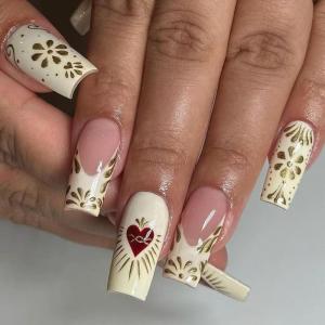 imageBABALAL Heart Press on Nails Medium Square Fake Nails Red Glue on Nails Acrylic Nails Romantic False Nails 24Pcs Squoval Manicure Stick on Nails Gel Nails for Women and GirlANU15