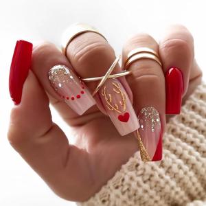 imageBABALAL Heart Press on Nails Medium Square Fake Nails Red Glue on Nails Acrylic Nails Romantic False Nails 24Pcs Squoval Manicure Stick on Nails Gel Nails for Women and GirlANU18