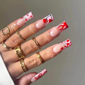 imageBABALAL Heart Press on Nails Medium Square Fake Nails Red Glue on Nails Acrylic Nails Romantic False Nails 24Pcs Squoval Manicure Stick on Nails Gel Nails for Women and GirlANU161