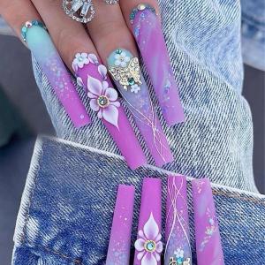 imageBABALAL Press on Nails Long Coffin Fake Nails Blue French Tip Glue on Nails 3d Texture Flower Design Coquette Acrylic Nails 24Pcs Ballerina Handmade Stick on False NailsANK211