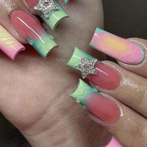 imageBABALAL Press on Nails Long Coffin Fake Nails Blue French Tip Glue on Nails 3d Texture Flower Design Coquette Acrylic Nails 24Pcs Ballerina Handmade Stick on False NailsANK221