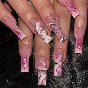 imageBABALAL Press on Nails Long Coffin Fake Nails Blue French Tip Glue on Nails 3d Texture Flower Design Coquette Acrylic Nails 24Pcs Ballerina Handmade Stick on False NailsANK212