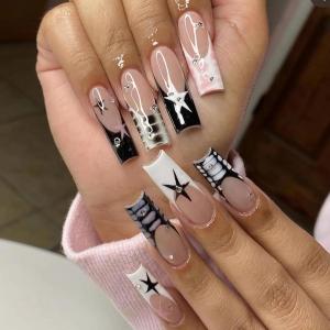 imageBABALAL Press on Nails Long Coffin Fake Nails Blue French Tip Glue on Nails 3d Texture Flower Design Coquette Acrylic Nails 24Pcs Ballerina Handmade Stick on False NailsANK207