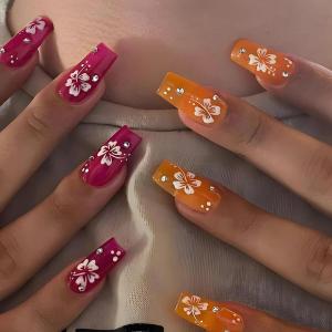 imageBABALAL Press on Nails Long Coffin Fake Nails Blue French Tip Glue on Nails 3d Texture Flower Design Coquette Acrylic Nails 24Pcs Ballerina Handmade Stick on False NailsANK218