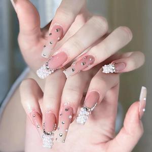 imageBABALAL Press on Nails Long Coffin Fake Nails Blue French Tip Glue on Nails 3d Texture Flower Design Coquette Acrylic Nails 24Pcs Ballerina Handmade Stick on False NailsANK210