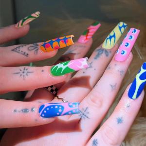 imageBABALAL Press on Nails Long Coffin Fake Nails Blue French Tip Glue on Nails 3d Texture Flower Design Coquette Acrylic Nails 24Pcs Ballerina Handmade Stick on False NailsANK209