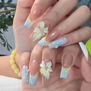 imageBABALAL Press on Nails Long Coffin Fake Nails Blue French Tip Glue on Nails 3d Texture Flower Design Coquette Acrylic Nails 24Pcs Ballerina Handmade Stick on False NailsANK205