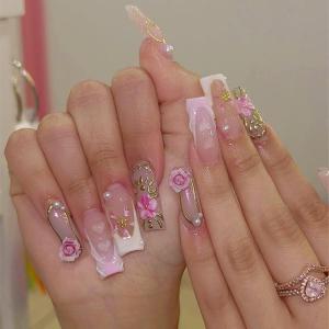 imageBABALAL Press on Nails Long Coffin Fake Nails Blue French Tip Glue on Nails 3d Texture Flower Design Coquette Acrylic Nails 24Pcs Ballerina Handmade Stick on False NailsANK208