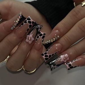 imageBABALAL Press on Nails Long Coffin Fake Nails Blue French Tip Glue on Nails 3d Texture Flower Design Coquette Acrylic Nails 24Pcs Ballerina Handmade Stick on False NailsANK201