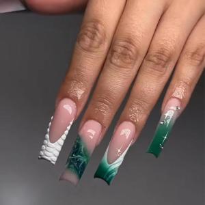 imageBABALAL Press on Nails Long Coffin Fake Nails Blue French Tip Glue on Nails 3d Texture Flower Design Coquette Acrylic Nails 24Pcs Ballerina Handmade Stick on False NailsANK202