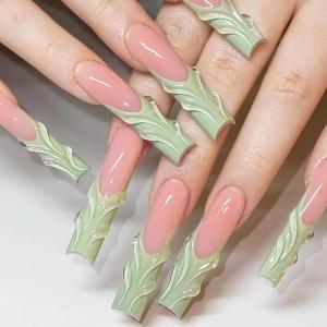imageBABALAL Press on Nails Long Coffin Fake Nails Blue French Tip Glue on Nails 3d Texture Flower Design Coquette Acrylic Nails 24Pcs Ballerina Handmade Stick on False NailsANK204