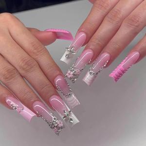 imageBABALAL Press on Nails Long Square Fake Nails Green French Tip Glue on Nails with Cross Charm Gothic Acrylic Nails Gold Chrome Luxury False Nails 24Pcs Squoval Nails Artificial Nails for Women GirlsFNY20cross