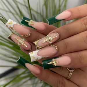 imageBABALAL Press on Nails Long Square Fake Nails Green French Tip Glue on Nails with Cross Charm Gothic Acrylic Nails Gold Chrome Luxury False Nails 24Pcs Squoval Nails Artificial Nails for Women GirlsFNY21green