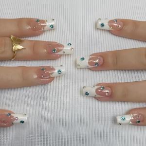 imageBABALAL Press on Nails Long Square Fake Nails Green French Tip Glue on Nails with Cross Charm Gothic Acrylic Nails Gold Chrome Luxury False Nails 24Pcs Squoval Nails Artificial Nails for Women GirlsFNY07white