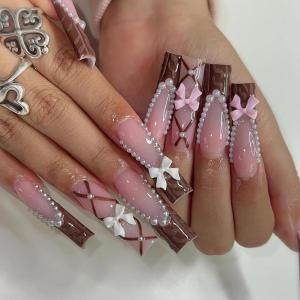 imageBABALAL Press on Nails Long Square Fake Nails Green French Tip Glue on Nails with Cross Charm Gothic Acrylic Nails Gold Chrome Luxury False Nails 24Pcs Squoval Nails Artificial Nails for Women GirlsFNY01brown