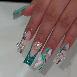 imageBABALAL Press on Nails Long Square Fake Nails Green French Tip Glue on Nails with Cross Charm Gothic Acrylic Nails Gold Chrome Luxury False Nails 24Pcs Squoval Nails Artificial Nails for Women GirlsFNY12glitter