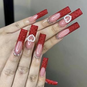 imageBABALAL Press on Nails Long Square Fake Nails Green French Tip Glue on Nails with Cross Charm Gothic Acrylic Nails Gold Chrome Luxury False Nails 24Pcs Squoval Nails Artificial Nails for Women GirlsFNY04red