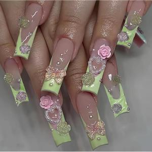 imageBABALAL Press on Nails Long Square Fake Nails Green French Tip Glue on Nails with Cross Charm Gothic Acrylic Nails Gold Chrome Luxury False Nails 24Pcs Squoval Nails Artificial Nails for Women GirlsFNY03green