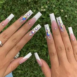imageBABALAL Press on Nails Long Square Fake Nails Green French Tip Glue on Nails with Cross Charm Gothic Acrylic Nails Gold Chrome Luxury False Nails 24Pcs Squoval Nails Artificial Nails for Women GirlsFNY17white