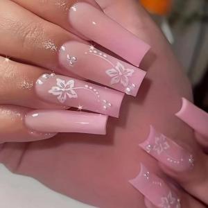 imageBABALAL Press on Nails Long Square Fake Nails Green French Tip Glue on Nails with Cross Charm Gothic Acrylic Nails Gold Chrome Luxury False Nails 24Pcs Squoval Nails Artificial Nails for Women GirlsFNY14pink