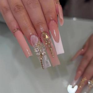 imageBABALAL Press on Nails Long Square Fake Nails Green French Tip Glue on Nails with Cross Charm Gothic Acrylic Nails Gold Chrome Luxury False Nails 24Pcs Squoval Nails Artificial Nails for Women GirlsFNY06butterfly
