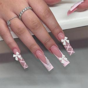 imageBABALAL Press on Nails Long Square Fake Nails Green French Tip Glue on Nails with Cross Charm Gothic Acrylic Nails Gold Chrome Luxury False Nails 24Pcs Squoval Nails Artificial Nails for Women GirlsFNY05pink