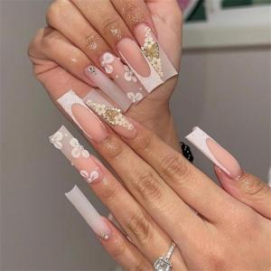 imageBABALAL Press on Nails Long Square Fake Nails Green French Tip Glue on Nails with Cross Charm Gothic Acrylic Nails Gold Chrome Luxury False Nails 24Pcs Squoval Nails Artificial Nails for Women GirlsFNY19flower