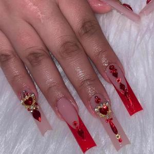imageBABALAL Press on Nails Long Square Fake Nails Green French Tip Glue on Nails with Cross Charm Gothic Acrylic Nails Gold Chrome Luxury False Nails 24Pcs Squoval Nails Artificial Nails for Women GirlsFNY09red
