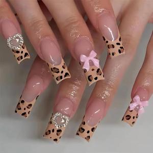imageBABALAL Press on Nails Long Square Fake Nails Green French Tip Glue on Nails with Cross Charm Gothic Acrylic Nails Gold Chrome Luxury False Nails 24Pcs Squoval Nails Artificial Nails for Women GirlsFNY04cheetah