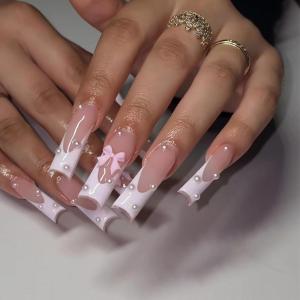 imageBABALAL Press on Nails Long Square Fake Nails Green French Tip Glue on Nails with Cross Charm Gothic Acrylic Nails Gold Chrome Luxury False Nails 24Pcs Squoval Nails Artificial Nails for Women GirlsFNY18french