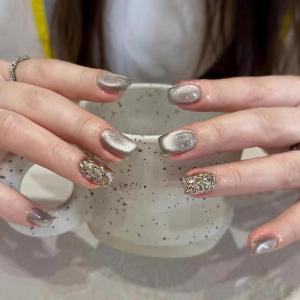 imageBABALAL Purple Press on Nails Short Square Fake Nails Cat Eye Glue on Nails Golden Glitter Shiny Acrylic Nails 24Pcs Squoval Manicure Artificial DIY False Nails for Women and GirlsFNU105grey