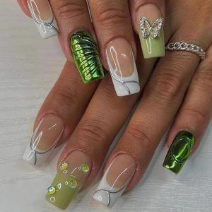 imageBABALAL Round Press on Nails Short Fake Nails Cow Print French Tip Glue on Nails 24Pcs Oval Acrylic Nails for Women and GirlsFNG104butterfly