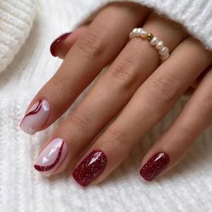 imageBABALAL Round Press on Nails Short Fake Nails Cow Print French Tip Glue on Nails 24Pcs Oval Acrylic Nails for Women and GirlsFNG105red