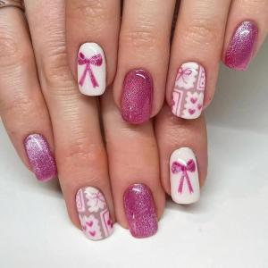 imageBABALAL Round Press on Nails Short Fake Nails Cow Print French Tip Glue on Nails 24Pcs Oval Acrylic Nails for Women and GirlsFNG107bow