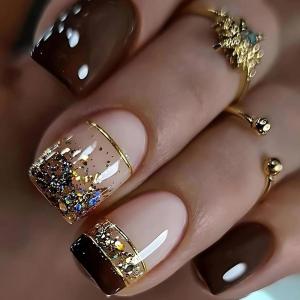imageBABALAL Round Press on Nails Short Fake Nails Cow Print French Tip Glue on Nails 24Pcs Oval Acrylic Nails for Women and GirlsFNG107brown