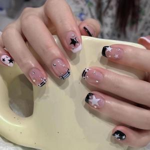 imageBABALAL Round Press on Nails Short Fake Nails Cow Print French Tip Glue on Nails 24Pcs Oval Acrylic Nails for Women and GirlsFNG109star