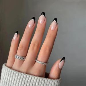 imageBABALAL Round Press on Nails Short Fake Nails Cow Print French Tip Glue on Nails 24Pcs Oval Acrylic Nails for Women and GirlsFNG110black