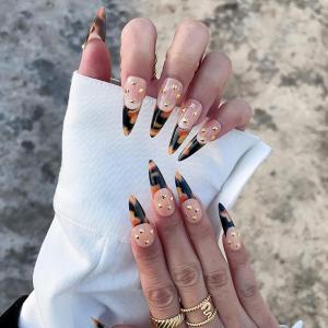 imageBABALAL Round Press on Nails Short Fake Nails Cow Print French Tip Glue on Nails 24Pcs Oval Acrylic Nails for Women and GirlsFNG123brown