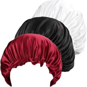imageBABALAL Satin Sleep Cap 3 Pieces Adjustable Stain Bonnet Soft Sleeping Hat for Women and Girls All Hairstyles Wine Red Black Grey