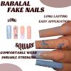 imageBABALAL Square Press on Nails Long Fake Nails Blue French Tip Glue on Nails Butterfly Glitter Rhinestone Shiny Acrylic Nails 24Pcs Squoval Manicure False Nails for Women and Girls